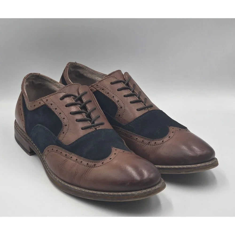 Stacy Adams Wingtip Oxford Shoes Mens 10.5M Navy Tan Leather Suede Brogue